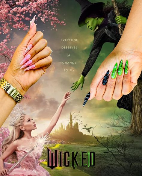 WICKED MOVIE 🤝 KAISHA CREATES 💅🏽 @wickedmovie and I go together real bad 😅 In honor of #WickedMovie Part 2 getting an earlier release date, I give present my Elphaba and Glinda nails inspired by the movie poster ✨ Shoutout to @lexi_nails_spa for helping bring my vision to life 🙌🏽 What nail set should I do next?!👇🏽 #wickedmusical #wicked #elphabathropp #glindathegoodwitch #broadwaymusical Wicked The Movie Nails, Wicked Glinda Inspired Nails, Wicked Movie Inspired Nails, Elphaba Inspired Nails, Wicked Elphaba Nails, Wicked Musical Nail Designs, Glinda Inspired Nails, Wicked Glinda Nails, Wicked Nails Designs