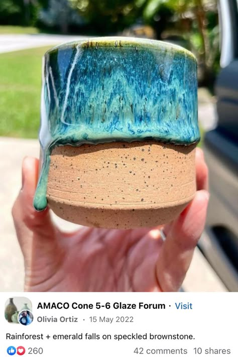 Amaco Rainforest Combinations, Drip Glaze Pottery, Rainforest Glaze Combinations, Emerald Falls Glaze Combinations, Amaco Rainforest, Amaco Combinations, Pottery Colors, Creative Pottery, Stoneware Glazes