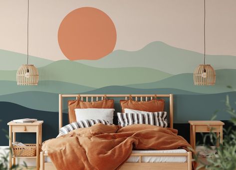 Easy Nature Wall Mural, Abstract Mountain Wall Mural, Sunrise Mural Bedroom, Painted Murals On Walls Bedrooms, Bedroom Wall Mural Diy, Abstract Wall Mural Diy, Easy Wallpaper Ideas, Boho Wall Murals Painted, Nursery Mountain Mural