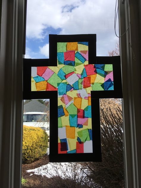 “Stained glass” Cross made with tissue paper and contact paper Christ Centered Easter, Happy Home Fairy, 5 Solas, Resurrection Day, Easter Preschool, Cross Crafts, Vbs Crafts, Church Crafts, Easter Cross