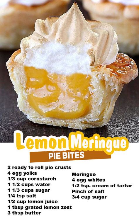 Quick Family Meals, Meringue Pie Recipes, Pie Bites, Lemon Dessert Recipes, Lemon Meringue Pie, Perfect Pies, Meringue Pie, Mini Pies, Pie Cake