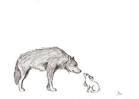 A wolf and a rabbit by srlluis Wolf And Hare Tattoo, Bunny Wolf Art, Dog And Rabbit Drawing, Rabbit And Wolf Aesthetic, Wolf And Bunny Art, Wolf And Rabbit Tattoo, Wolf And Bunny Tattoo, Wolf And Bunny Couple, Wolf X Bunny