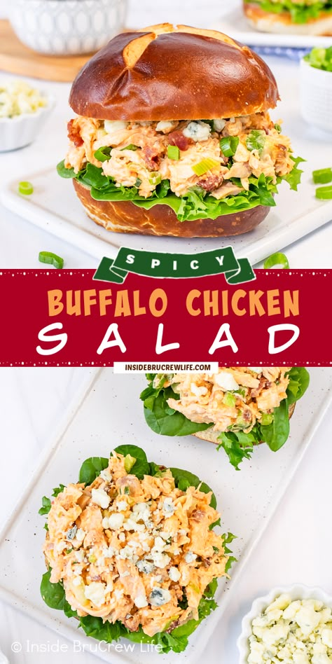 This easy Buffalo Chicken Salad is the perfect way to spice up your next sandwich. With just a few ingredients, this buffalo salad can be ready in no time. Great for dinner or game day parties! Spicy Chicken Salad Sandwich Recipe, Spicy Chicken Salad Sandwich, Cold Buffalo Chicken Salad, Buffalo Rotisserie Chicken Recipes, Chicken Salad Buffalo Style, Buffalo Chicken Salad Sandwich, Buffalo Chicken Salad Healthy, Buffalo Salad, Spicy Chicken Salad Recipe