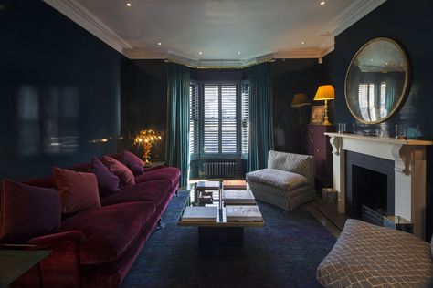 Rich colours and textures compliment traditional detailing of cornices and fireplaces to give this space a strong presence. The light control for the bay window via the shutters helps to build the ambience.  #living #home #ideas #style #decor #traditional #design #modern #fireplace #boudoir #dark #velvet #interior #rich #colour #light #ambience #sophisticated Navy Decor, Hague Blue, Red Living, Living Room Red, Cosy Living Room, Blue Palette, Blue Cabinets, Blue Sofa, Green Rooms