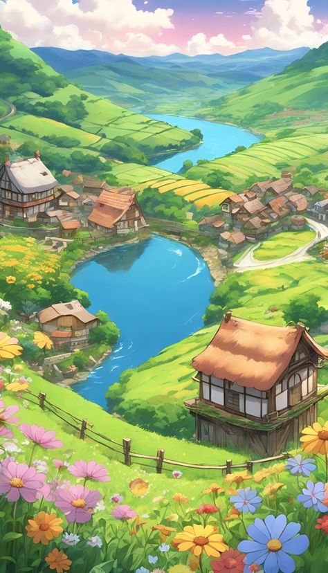 Cottage Core Background, Anime Nature, Town Art, Animated Photos, Gif Background, Beautiful Landscape Paintings, Wallpaper Aesthetics, City Layout, Iphone Art