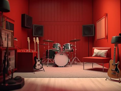 Premium Photo | Music Studio Recording Room In Red Wall AI Generated Music Studio Interior, Studio Recording Room, Kids Music Room, Recording Room, Project Room, Red Studio, Recording Studio Design, Photo Music, Music Room Decor