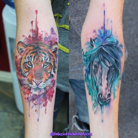 Beautiful watercolor tattoos by @inkoutsideofthebox!  #horsetattoo #tigertattoo Tattoos For Her, Animal Watercolour, Watercolour Tattoos, Horse Tattoo Design, Purple Tattoos, Cowgirl Tattoos, Tattoo Watercolor, Unicorn Tattoos, Watercolor Tattoos