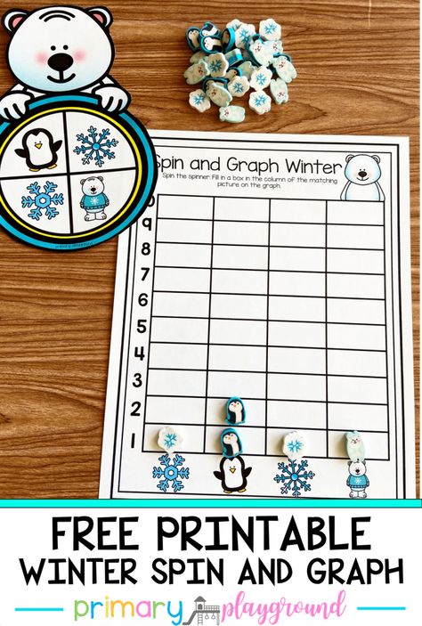 Free Printable Winter Spin and Graph - Primary Playground Graphing Kindergarten, Kindergarten Pictures, Winter Math Activities, Winter Theme Preschool, Kindergarten Units, Picture Graphs, Graphing Worksheets, Graphing Activities, Winter Math