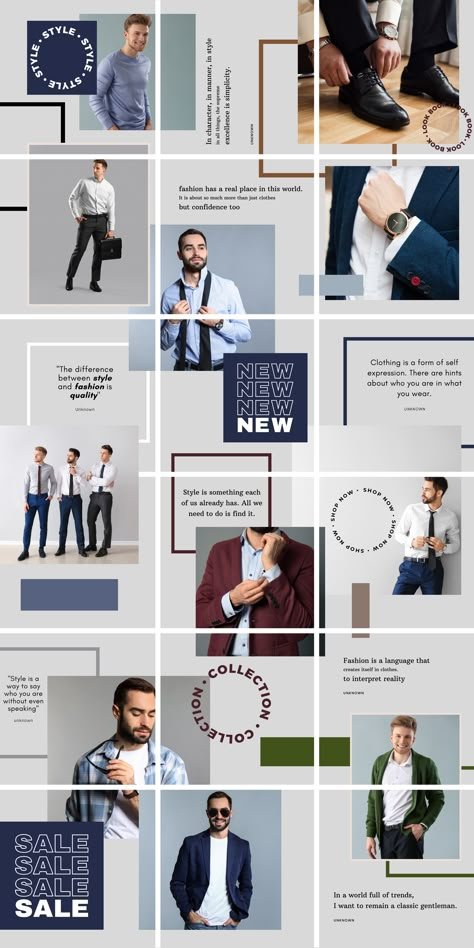 A grey and blue, men's fashion Instagram Puzzle feed template. Men Fashion Instagram Feed, Fashion Instagram Template, Fashion Brand Instagram Feed, Grid Instagram, Instagram Feed Template, Instagram Grid Layout, Free Design Software, Feed Layout, Instagram Puzzle Feed