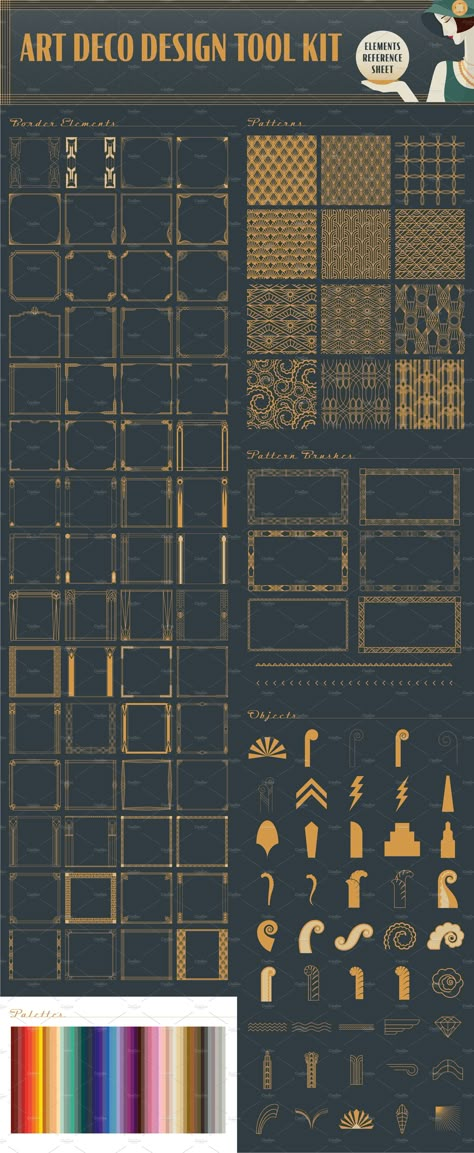 Art Deco Design Tool Kit by Dandylyon Designs on @creativemarket Art Deco Elements Design, Art Deco Layout Design, Art Deco Material Board, Art Deco Infographic, Art Deco Product Design, Art Deco Border Design, Art Deco Motifs Pattern, Artdeco Art Design, Art Neauveau Borders