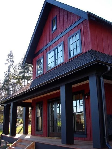 Red House Exterior, Modern Cottage Style, Red Houses, Red Farmhouse, House Paint Color Combination, Cabin Exterior, Contemporary Exterior, Exterior Paint Colors For House, Barn Homes