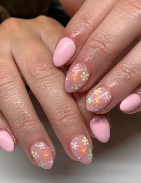 Cute Floral Nail Designs, Pink Nails With Flower Accent, Pink Flower Gel Nails, Short Pink Flower Nails, Colorful Flower Nails, Pink And Blue Floral Nails, Bright Pink Floral Nails, Floral Nail Designs, Summery Nails