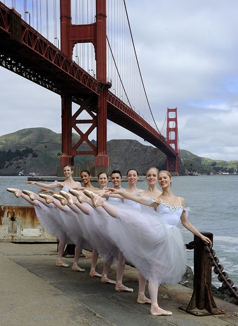 San Francisco Ballet dancers pose under the Golden Gate Bridge in honor of the Bridge's 75th Anniversary (© Eric Tomasson) Dancer Inspiration, Dancers Pose, San Francisco Ballet, Ballet Posters, Dance Studios, Dance Project, Ballet Beauty, Ballet Poses, Dance Like No One Is Watching