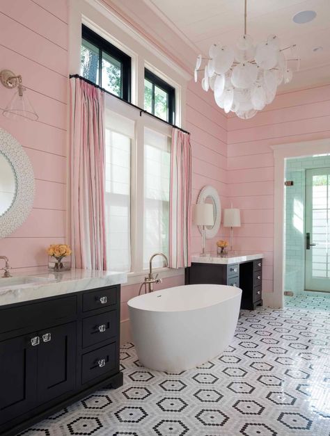 A delightful beach style home with bold pops of color in South Carolina Pink Bathroom Decor, Large Bathroom, Coastal Bathrooms, Girls Bathroom, Pink Bathroom, Southern Comfort, Bathroom Renos, Ship Lap Walls, Ideas Bathroom