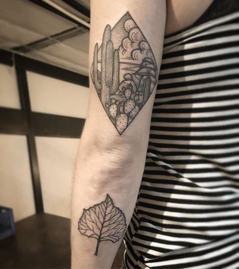 Cottonwood Leaf Tattoo, Cottonwood Tattoo, Desert Landscape Tattoo, Cottonwood Leaf, Desert Tattoo, Leaf Tattoo, Landscape Tattoo, Sweet Tattoos, Sonoran Desert