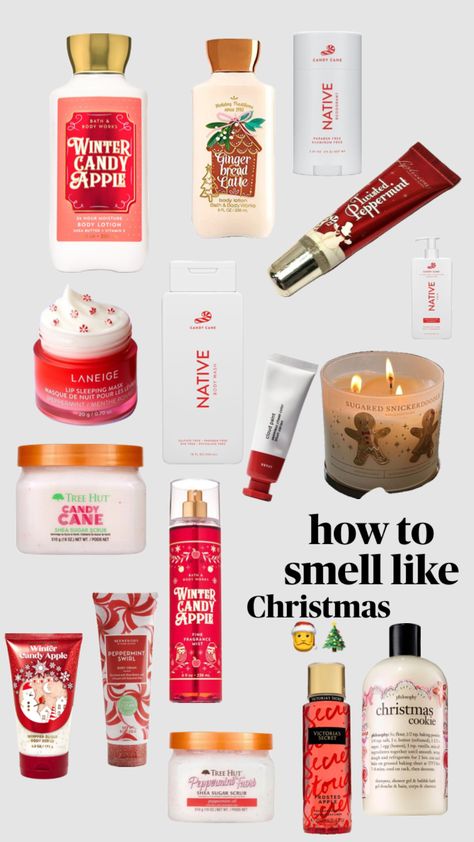 Christmas Beauty Products, How To Smell Like Christmas, Bath And Body Christmas, Christmas Skin Care, Christmas Body Care, Christmas Shower Routine, Christmas Body Wash Aesthetic, Christmas Skincare, Bath & Body Cheistmas Candlea