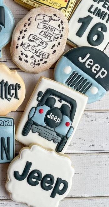 Jeep First Birthday Party, Jeep Cookies Decorated, Jeep Birthday Party Ideas, Jeep Cookies, Jeep Birthday Party, Bday Cookies, Poured Icing, Cookies Kids, Car Cookies