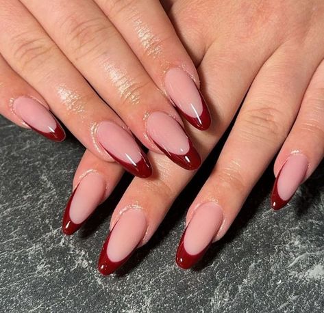 Cherry Tip Nails, Nail Inspo Cherry Red, Black Cherry Nails Acrylic, Cherry Red Nails Design, Cherry French Nails, Cherry Cola Nails, Red Nail Tips, Red Cherry Nails, Cherry Wine Nails