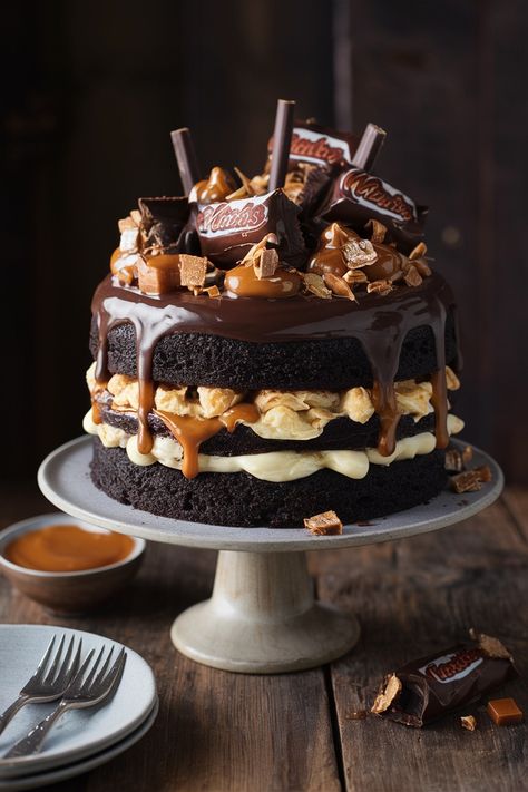 Decadent Mars Bar-Themed Birthday Cake Mars Bar Cake, Dessert Cups Recipes, Bar Cake, Mars Bar, Caramel Drizzle, Bow Cakes, Creamy Caramel, Delicious Cake Recipes, Sweet Snacks Recipes