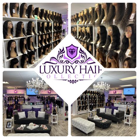 Beautiful Luxury Hair In stock at our Showroom💜 Wig Shop Interior Design, Hair Boutique Ideas, Trouser And Top For Ladies, Wig Business, Beauty Shop Decor, Glam House, Wig Display, Beauty House, Spa Room Decor