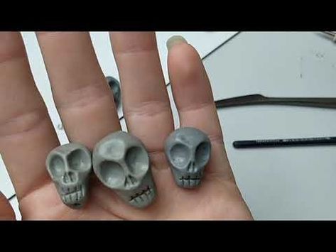 DIY - Easy Polymer clay Skulls! - YouTube Make A Skull Diy, Polymer Clay Tombstones, Polymer Clay Graveyard, Polymer Clay Gravestone, Skull Clay Sculpture Easy, Clay Skull Diy, Halloween Polymer Clay Figures, Polymer Clay Halloween Tutorial, Polymer Clay Halloween Miniatures Diy