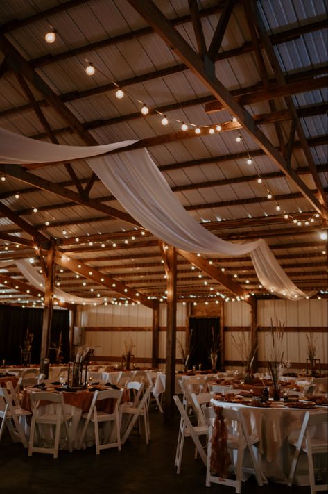 Wedding In Farmhouse, Light Pink Western Wedding, Farmhouse Wedding Aesthetic, Community Hall Wedding Reception, Riding Arena Wedding, Farm Wedding Ideas Country Reception, Morton Building Wedding Reception, Outdoor Country Wedding Reception, Country Wedding Set Up