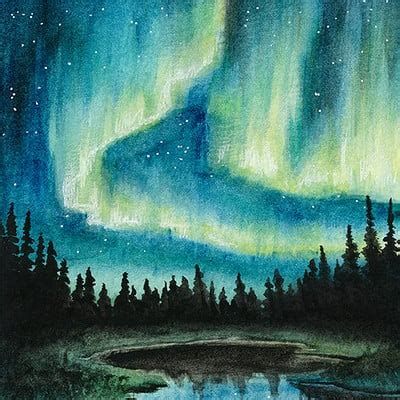 Aurora Borealis, Illustration By Liubov Syrotiuk Northern Lights Painting Watercolors, Northern Lights Watercolor, Aurora Borealis Painting, Watercolor Night Sky, Northern Lights Art, Painting Mountains, Northern Lights Painting, Frida Art, Ipad Snap