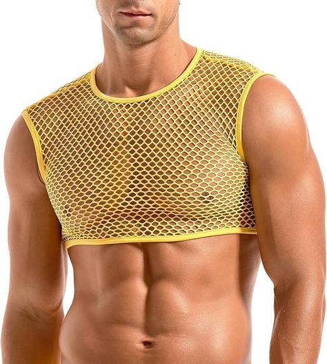 Amy Coulee Mens Fishnet Crop Top See Through Party Tank Top Sexy Muscle Top Sleeveless Mesh Shirt (Yellow, XL) : Amazon.ca: Clothing, Shoes & Accessories Crop Top Design, Fishnet Crop Tops, Mesh Vest, Mens Undershirts, Metallic Shorts, Sleeveless Shirts, Half Shirts, Mesh Shirt, Muscle Tank Tops