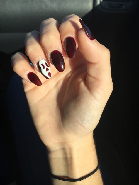 scream nails for halloween - deep red maroon, rounded almond Red Almond Nails Halloween, Ghost Face Nails Almond, Deep Red Halloween Nails, Maroon Halloween Nails, Scream Nails Almond, Halloween Nails Almond Shape, Nails For Halloween, Short Red Nails, Scream Nails