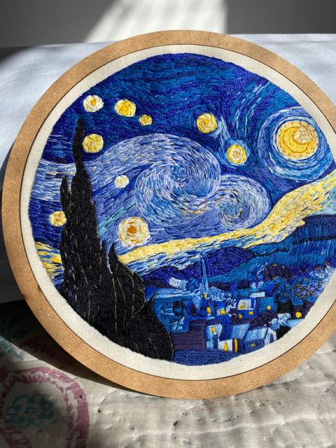 Famous Painting Embroidery, Impressionist Embroidery, Starry Night Embroidery, Van Gogh Embroidery, Night Embroidery, Abstract Embroidery, Arte Van Gogh, Brooch Diy, The Starry Night