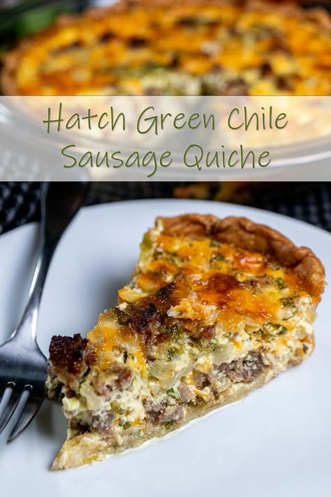 Close up view of a slice of green chile quiche with Hatch chiles and breakfast sausage on a white plate. Green Chili Bisquick Quiche, Green Chile Bisquick Quiche, Sausage Rotel Quiche, Sausage And Green Chili Quiche, Green Chile Quiche Recipes, Green Chili Quiche Recipes, Green Chili Frittata, New Mexico Green Chile Bisquick Quiche, Chili Relleno Quiche