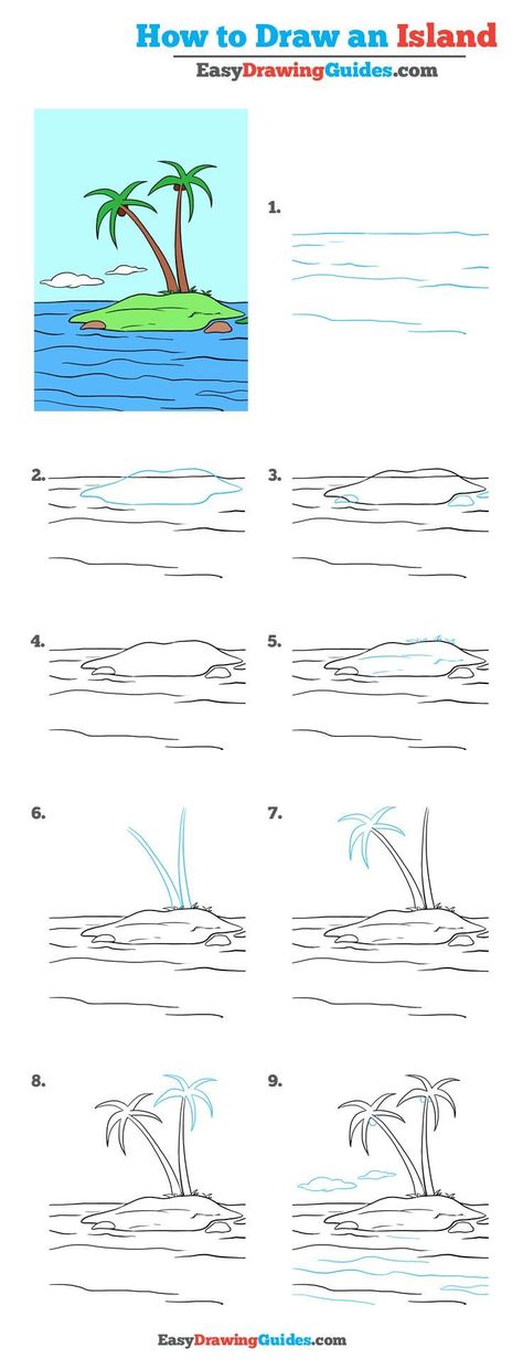 Learn How to Draw Island: Easy Step-by-Step Drawing Tutorial for Kids and Beginners. #Island #drawingtutorial #easydrawing See the full tutorial at https://easydrawingguides.com/how-to-draw-an-island-really-easy-drawing-tutorial/. Paint Lessons, Drawing Tutorials For Beginners, Easy Drawing Tutorial, Drawing Tutorials For Kids, Landscape Sketch, 강아지 그림, Lips Drawing, Basic Drawing, Drawing Tutorial Easy