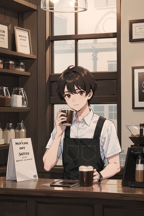 Anime Delivery Guy, Manga Coffee Shop, Anime Waiter Guy, Coffee Pose Reference, Waiter Drawing Reference, Waiter Character Design, Anime Barista, Waiter Pose, Bartender Drawing