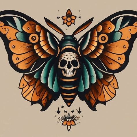 Neo Traditional Moth Tattoo Design, Halloween Moth Tattoo, Skull Moth Tattoo Design, American Traditional Owl Tattoo, Moth Tattoo Color, Butterfly Tattoo Traditional, Tattoo Portfolio Ideas, Skull Tattoo Traditional, Unique American Traditional Tattoo