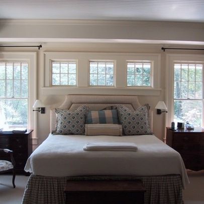 Windows Above Bed Design Ideas, Pictures, Remodel, and Decor - page 2 Window Above Bed, Bedroom Window Design, Bedroom Addition, Window Treatments Bedroom, Revere Pewter, Bedroom Window, Home Theatre, Traditional Bedroom, Above Bed