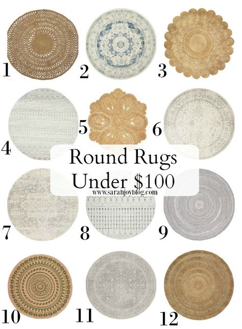 Rug Under Round Table, Rug Under Kitchen Table, Farmhouse Design Ideas, Round Rug Living Room, Sarah Joy, Pink Throw Blanket, Hat Wall, Round Kitchen Table, Circular Rugs