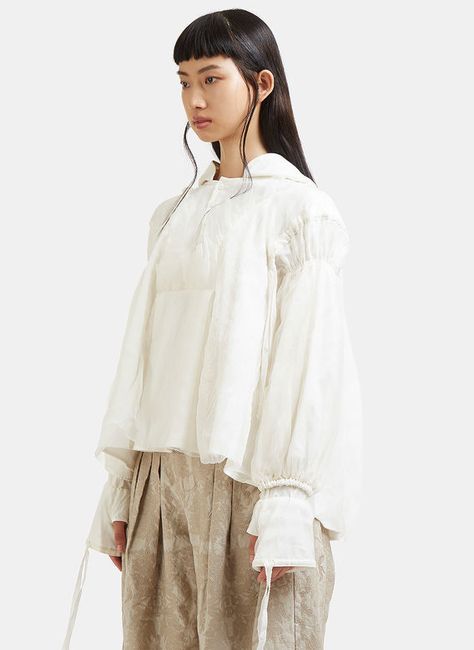 Renli Su Sheer-Layered Drawstring Hooded Top in White Sheer Top, Hooded Tops, Grey Top, Feminine Style, Pure Cotton, Headpiece, Ruffle Blouse, Women Wear, White