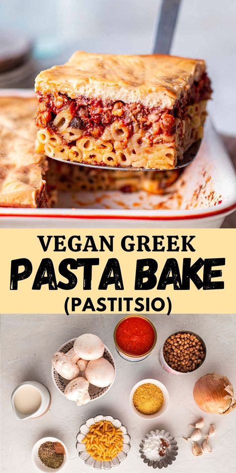 Healthy vegan pastitsio (or pastichio), with layers of pasta, a lentil tomato sauce and creamy bechamel sauce. This Greek pasta bake or lasagna is high protein and an incredible vegan comfort food meal! Vegan High Protein Pasta, Vegan Pastitsio, Lentil Sauce, Vegan Casseroles, Vegan Pasta Bake, Vegan High Protein, Vegan Meat Recipe, Healthy High Protein Snacks, Vegan Greek