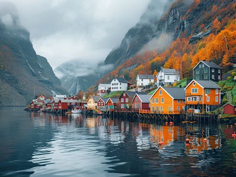 Traditional Fishing Village on Norwegian Fjord with Colorful Houses Norwegian Fishing Village, Norwegian Village, Norwegian Summer, Norway City, Norway Photography, Norwegian Fjords, Colorful Houses, Scenic View, Norway Travel