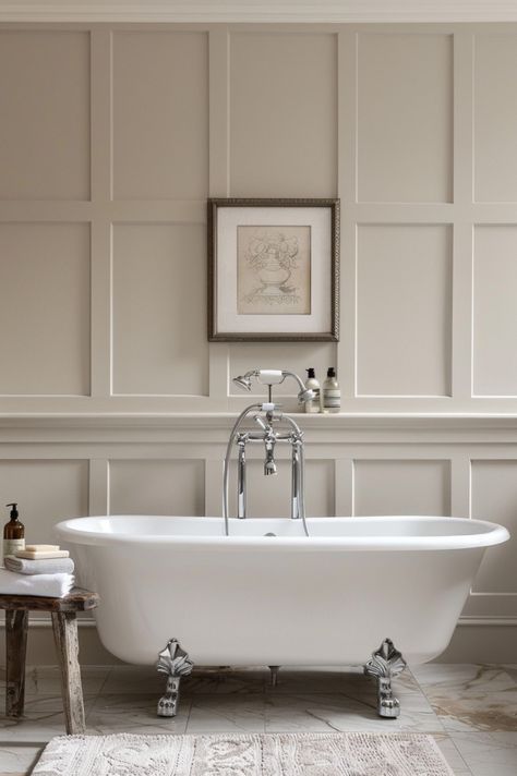 Paneled Bathroom Walls, American Classic Bathroom, Paneled Bathroom, Bathroom Wainscoting Ideas, Classic Wainscoting, Wall Panel Ideas, Classic Wall Panel, Tiny Home Bathrooms, Traditional Bathroom Design