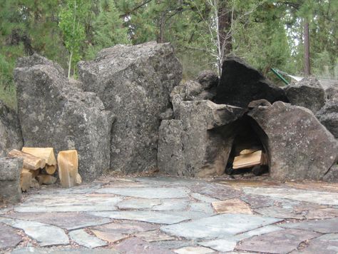 Rock Scaping, Vermont Cabin, Rustic Outdoor Fireplaces, Lake Landscaping, Outdoor Stone Fireplaces, Stone Fireplaces, Backyard Fireplace, Outdoor Stone, Ski House