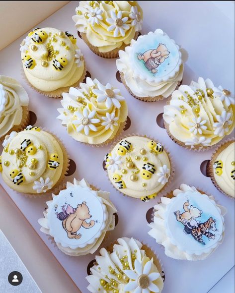 Winnie The Pooh Shower Cupcakes, Pooh Cupcakes, Winnie The Pooh Cupcake Ideas, Winnie The Pooh Themed Cupcakes, Winnie Pooh Cupcakes, Winnie The Pooh Baby Shower Cupcakes, Winnie The Pooh Gender Reveal Cupcakes, Pooh Cupcakes Ideas, Pooh Bear Cupcakes