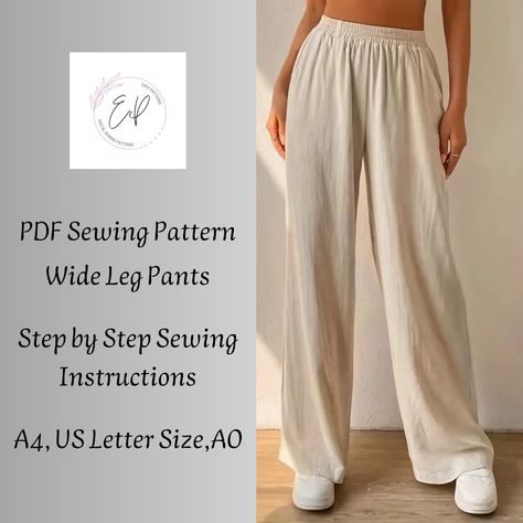 Link to my store: https://easypatternsstore.etsy.com PDF Digital Sewing Pattern  Woman Wide Leg  Pants. Plus size patterns. Woman PDF sewing printable pattern. Elastic waist pant with pocket pattern woman. This pattern is a beginner sewing level pattern.   WHAT YOU GET: SEWING INSTRUCTIONS! Download includes the digital pattern files. 9 Sizes Included: XS-S-M-L-XL-2XL-3XL-4XL-5XL.   UK sizes: 8-10-12-14-26-18-20-22-24.  EU sizes: 36-38-40-42-44-46-48-50-52.  US sizes: 6-8-10-12-14-16-18-20-22.  Printing: Print out at 100% scale on your home printer.  Letter Sized Print. A4 Sized Print. The pattern is available immediately after completing the checkout on web site. TERMS OF USE: This item may not be redistributed or resold. You cannot share or sell sewing patterns, sewing instructions, or e Diy Wide Leg Pants Pattern, Easy Wide Leg Pants Pattern, How To Sew Wide Leg Pants, Easy Sew Pants, Plus Size Pants Sewing Pattern, Flowy Pants Pattern Sewing, Linen Pants Sewing Pattern Free, Pajama Pattern Sewing, Wide Leg Pants Sewing Pattern Free