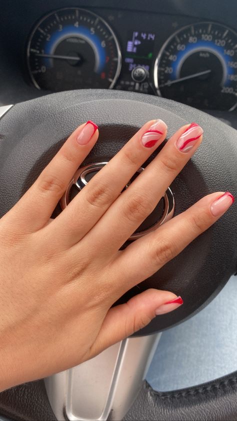 Red Swirly Nails, Red Swirl Nails, French Red Nails, Short Red Nails, Red And White Nails, Line Nail Art, Squoval Nails, Junior Prom, Valentine Nails