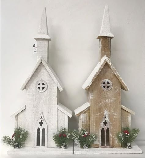 Diy Wooden Christmas Houses Village, Wooden Churches Craft, Wooden Christmas Village Houses, Wood Christmas Village, Mini Christmas Village, Wooden Christmas Village, Wooden Churches, Fall Wood Crafts, Diy Christmas Village