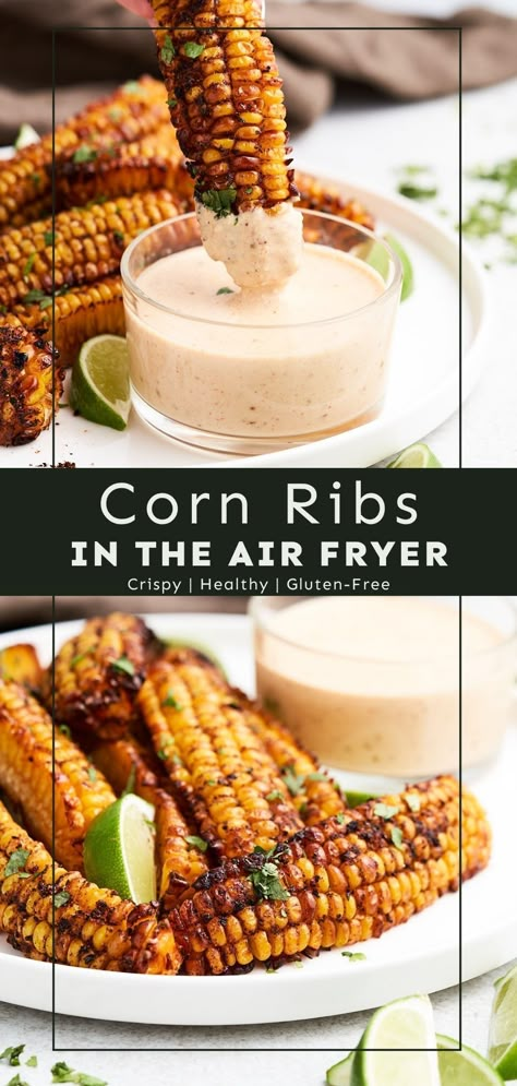 Prepare yourself for the savory, sweet, smoky flavors of these delicious corn ribs! Each piece is packed with a bold mix of spices, then finished with a squeeze of lime and fresh cilantro. Enjoy them hot out of the air fryer or oven for a crispy, satisfying treat that’s perfect for grilling season! #cornribs #veganrecipe #healthy Corn Ribs Air Fryer, Ribs In The Oven, Corn Ribs, Vegan Breakfast Casserole, Seasoned Corn, Easy Corn, Grilling Season, Corn Recipes, Air Fryer Recipes Easy