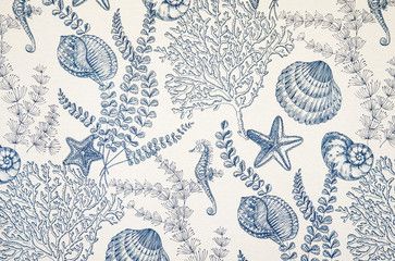 Blue Toile, Sea Life, Starfish, Blue And White, Fabric, Blue, White