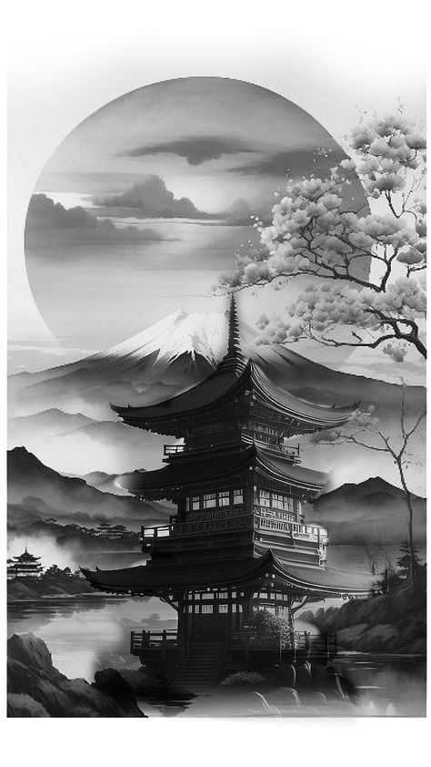 Asian Mountain Tattoo, My Fuji Tattoo, Japanese Temple Tattoo Stencil, Japanese Tattoos Back, Japanese Building Tattoo, Japanese Mountain Tattoo, Japanese Pagoda Tattoo, Japanese Background Tattoo, Japanese Line Art