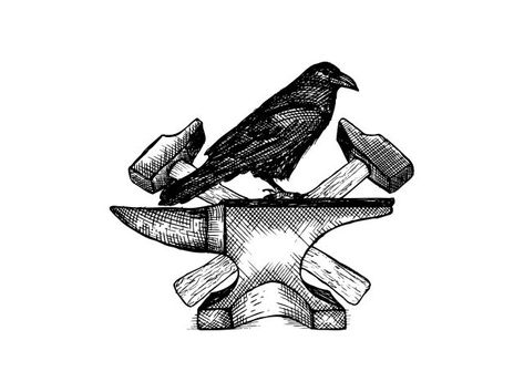 Blacksmith Tattoo Design, Anvil Tattoos, Blacksmith Tattoo, Anvil Logo, Hammer Tattoo, Woodcut Tattoo, Blacksmith Forge, Crow Tattoo, Cool Forearm Tattoos