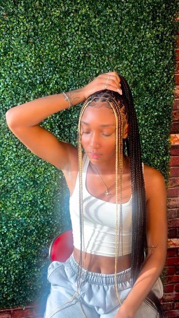 Long Braid Styles, Silk Press Hair, Colored Box Braids, Braids Knotless, Slicked Back Ponytail, Colored Braids, Cute Braided Hairstyles, Hair Braid Videos, Braids With Curls